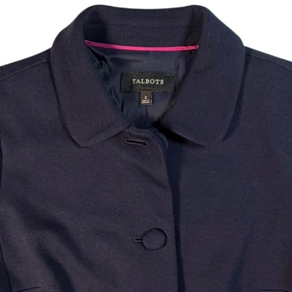 Talbots Navy Blue 60s Style Peter Pan Collar Peplum Button Up Pink Piping Blazer